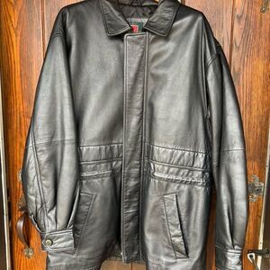 Men's Black Leather Jacket, William Barry, Size Large
